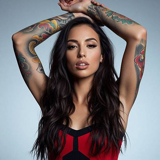 Confident Woman with Colorful Sleeve Tattoos