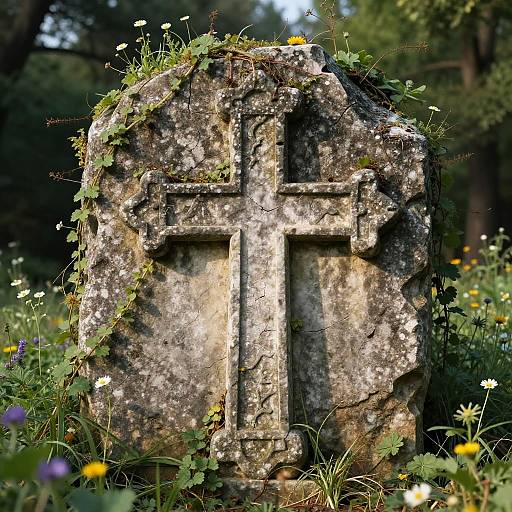 Weathered Stone Cross in Ancient Ruins