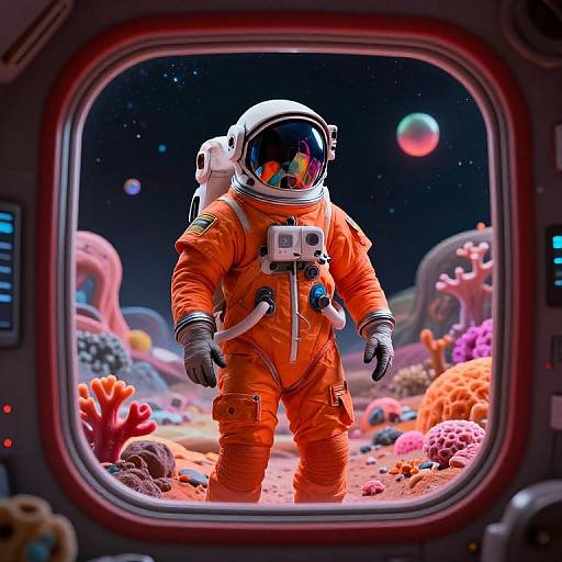 Digital artwork of an astronaut in an orange spacesuit, helmet with reflective visor, standing in a colorful, alien planet's landscape viewed through a spaceship