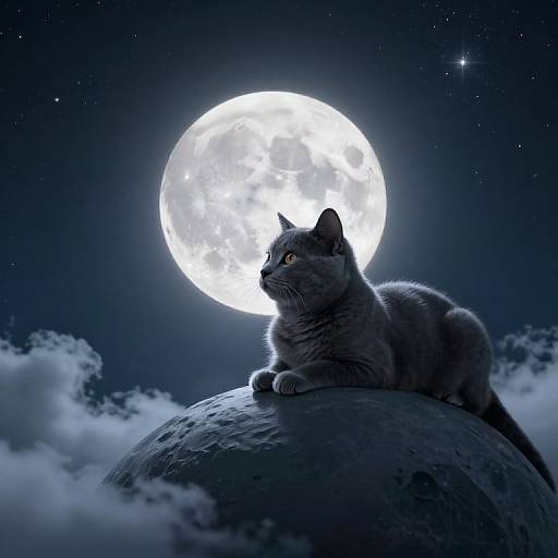 Digital artwork of a gray cat with orange eyes, perched on a moon-like planet, gazing at a bright full moon in a starry night
