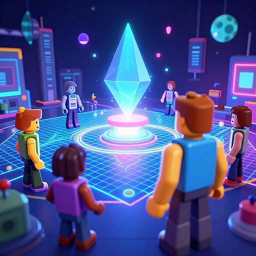 Photorealistic CGI of colorful, blocky LEGO characters in a neon-lit, futuristic room, standing around a glowing, blue crystal pyramid.