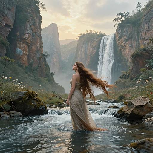 Photograph of a long-haired woman in a flowing, beige dress, standing in a rocky stream, surrounded by towering cliffs and a waterfall, with a