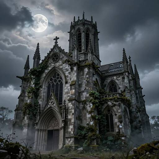 Photorealistic digital artwork of a gothic, moss-covered stone cathedral at night, under a full moon, with dark, stormy clouds.