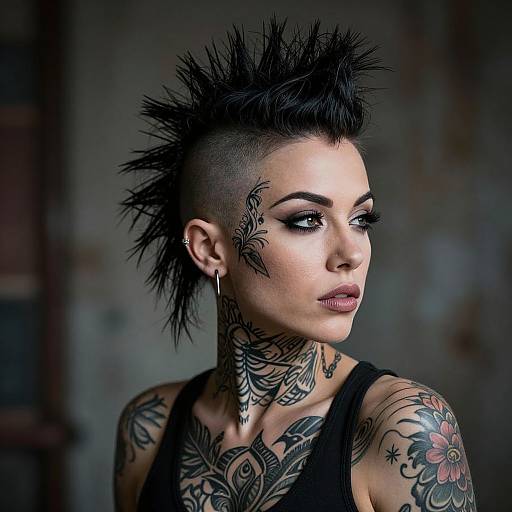 Photograph of a pale-skinned woman with black spiky mohawk, extensive tattoos, black eyeliner, hoop earrings, and black tank top,