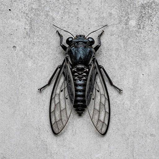 Close-up photograph of a black fly with translucent wings and detailed body texture, lying on a white textured surface.