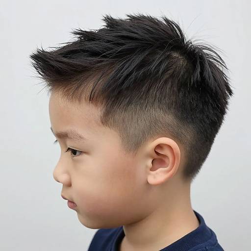 Photograph of an Asian boy with short, spiky black hair, side profile, light skin, wearing a dark blue shirt, against a white background
