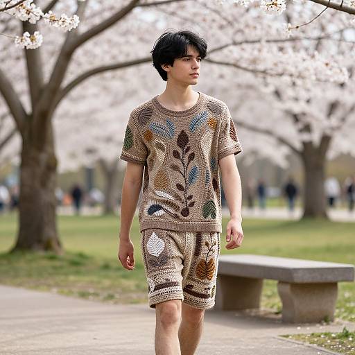Photograph of an Asian man with short black hair, wearing a brown, patterned knit shirt and shorts, walking in a spring park with blooming
