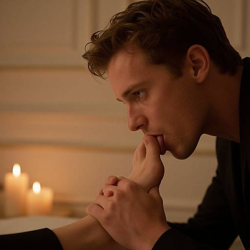 Photograph of a young man with short brown hair, licking a woman's foot while holding it gently, lit by warm candlelight.