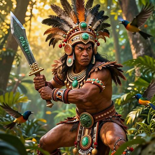 Photorealistic digital artwork of a muscular Native American warrior in jungle, adorned with feathers, jewels, and holding a sword, surrounded by colorful birds.