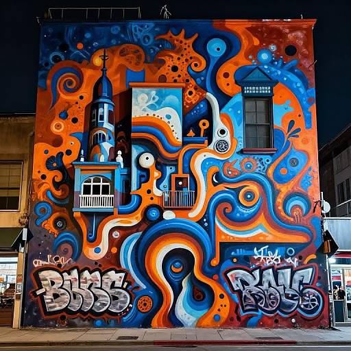 Vibrant graffiti mural on a building at night, featuring swirling blue, orange, and white patterns with urban elements and bold tags.