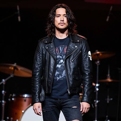Photograph of a man with long dark hair, wearing a black leather jacket, graphic tee, and jeans, walking a dimly-lit stage with