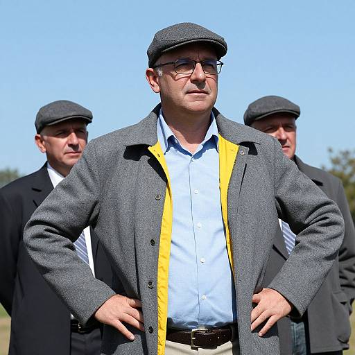 Photograph of a middle-aged man in a gray flat cap, glasses, gray blazer with yellow sash, light blue shirt, standing confidently with