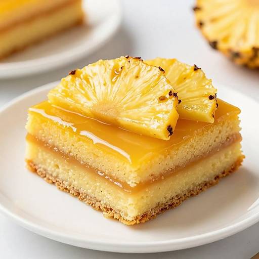 Photograph of a square lemon cheesecake with a graham cracker crust, topped with caramelized lemon slices on a white plate.