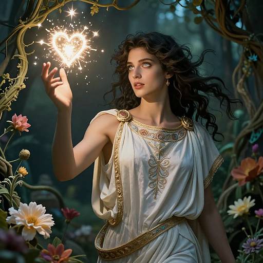 Digital fantasy artwork of a fair-skinned, dark-haired woman in a white, gold-embellished dress, holding a sparkling star in a dark