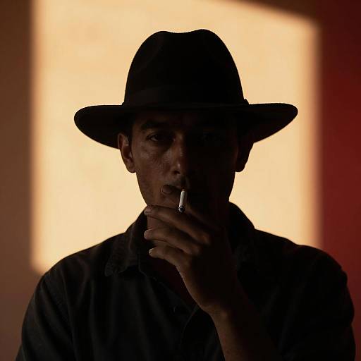 Silhouetted Man Smoking with Wide-Brimmed Hat