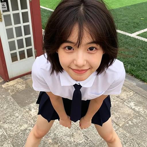 Photograph of an Asian teenage girl with black hair, smiling, wearing a white shirt, black tie, and skirt, standing outdoors on a concrete path