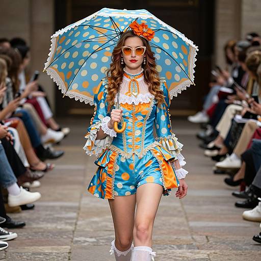 Fashion runway model in vibrant blue polka-dot outfit with orange accents, white lace, and orange flower headpiece, holding matching umbrella.