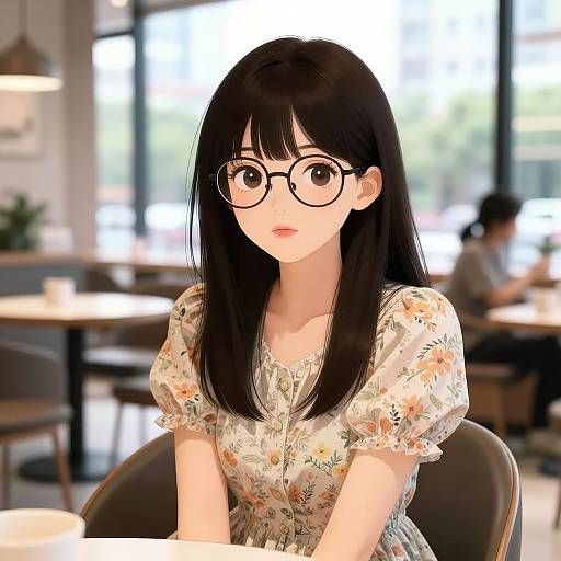 Digital anime-style drawing of a cute, fair-skinned young woman with long black hair, glasses, and floral dress, sitting in a bright, blurred