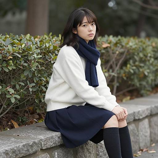 Japanese Woman Sitting on Stone Wall Outdoors