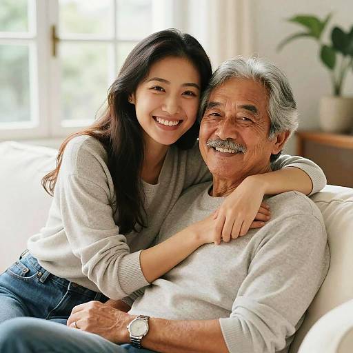 Sunlit Family Hug on White Couch