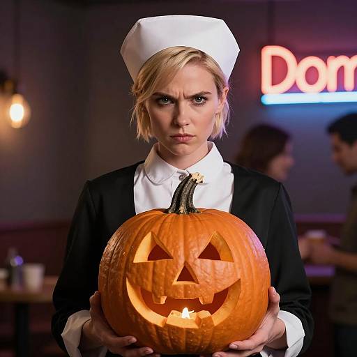 Stern Nurse with Pumpkin in Neon Light