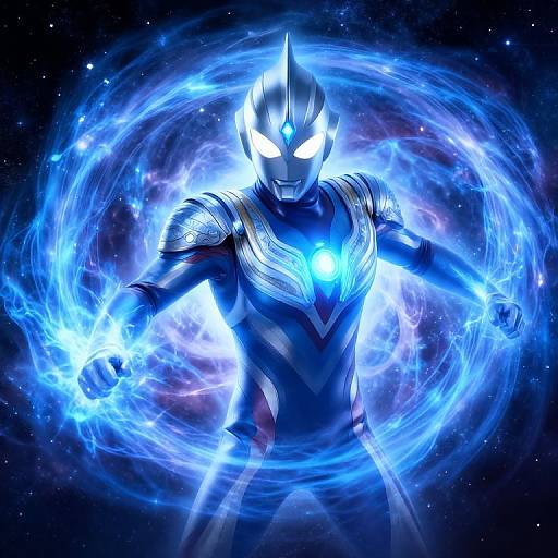 Digital artwork of a blue, glowing, armored superhero with white, piercing eyes, surrounded by swirling, ethereal blue energy against a starry background.