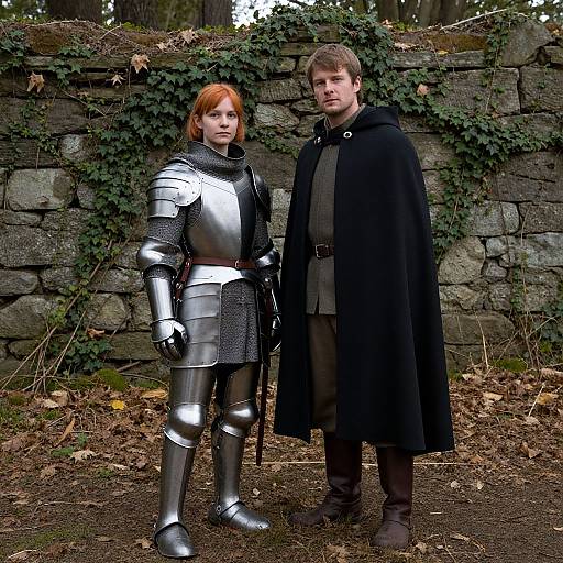 Photograph of a red-haired woman in silver armor and a bearded man in a black cloak standing in front of a stone wall with ivy.
