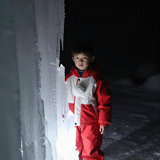 Boy Standing by Illuminated Ice Structure