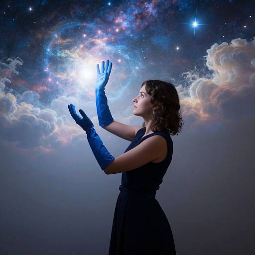 Photograph of a woman in a black dress and blue gloves, reaching up towards a glowing starry sky with cosmic clouds.