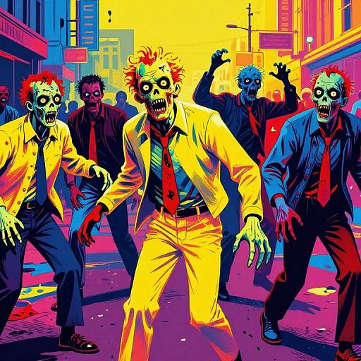Vibrant digital artwork of five zombie office workers in yellow and blue suits, with bloodstained hands, in a neon-lit urban street.