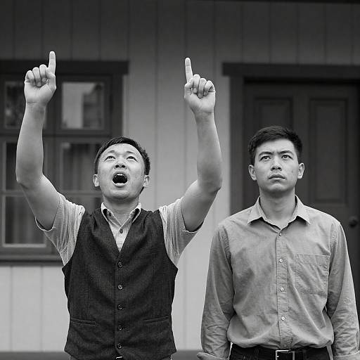 Black-and-White Shouting Man by Wooden Building
