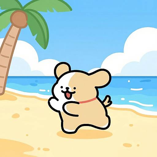 Cartoon beige bear with white face, red collar, joyfully dancing on sunny beach with palm tree, blue ocean, and white clouds.