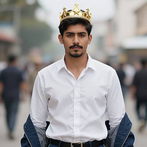 Photograph of a young, mustached South Asian man with dark hair, wearing a white button-up shirt, gold crown, and blue jacket, standing
