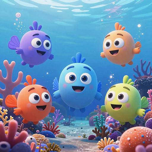 Vibrant CGI underwater scene featuring five cartoonish, round fish in blue, orange, yellow, purple, and peach, swimming around colorful coral reefs