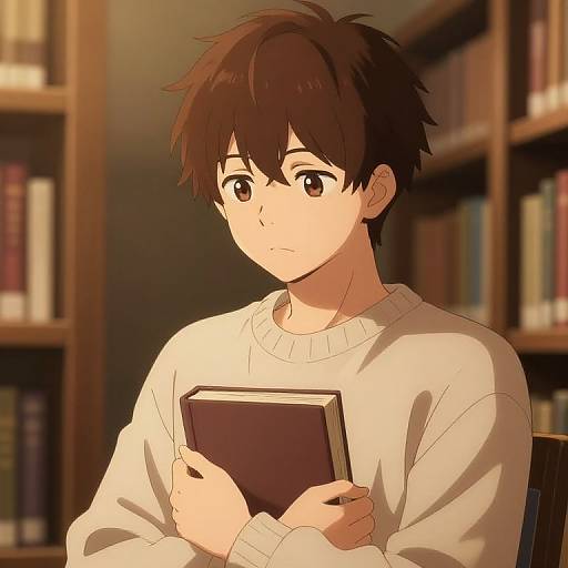 Anime-style digital drawing of a young man with brown hair, brown eyes, and a white sweater, holding a book in a dimly lit library.