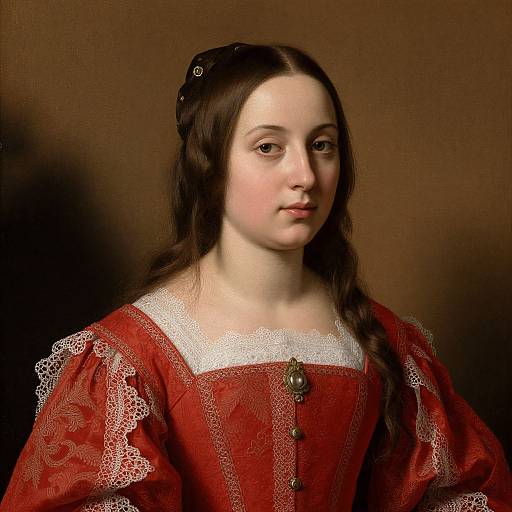 Photograph-style portrait of a fair-skinned young woman with long brown hair, wearing a red Renaissance-style dress with white lace, set against a brown