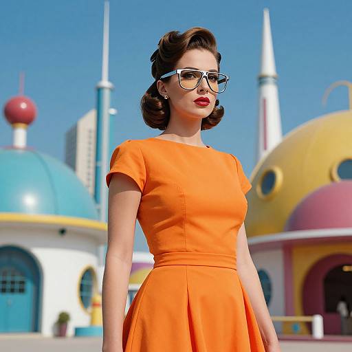 Photograph of a vintage-styled woman with red lipstick, black cat-eye glasses, and an orange dress, standing in front of colorful domed buildings