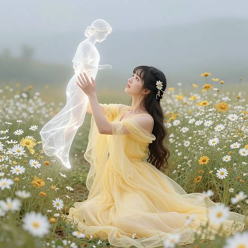 Photograph of an Asian woman with long black hair in a yellow off-shoulder dress, kneeling in a sunflower field, gently touching a glowing