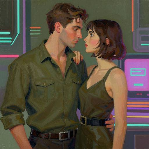 Digital painting of a romantic scene: handsome man with short brown hair in green shirt, gently touching the chin of a short-haired woman in a green dress