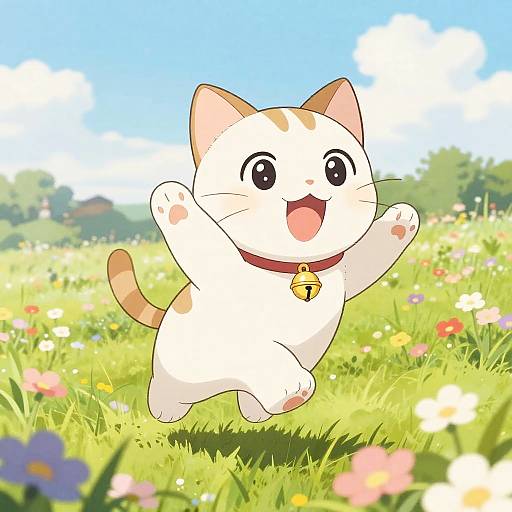Playful Anime Cat in Flower Field