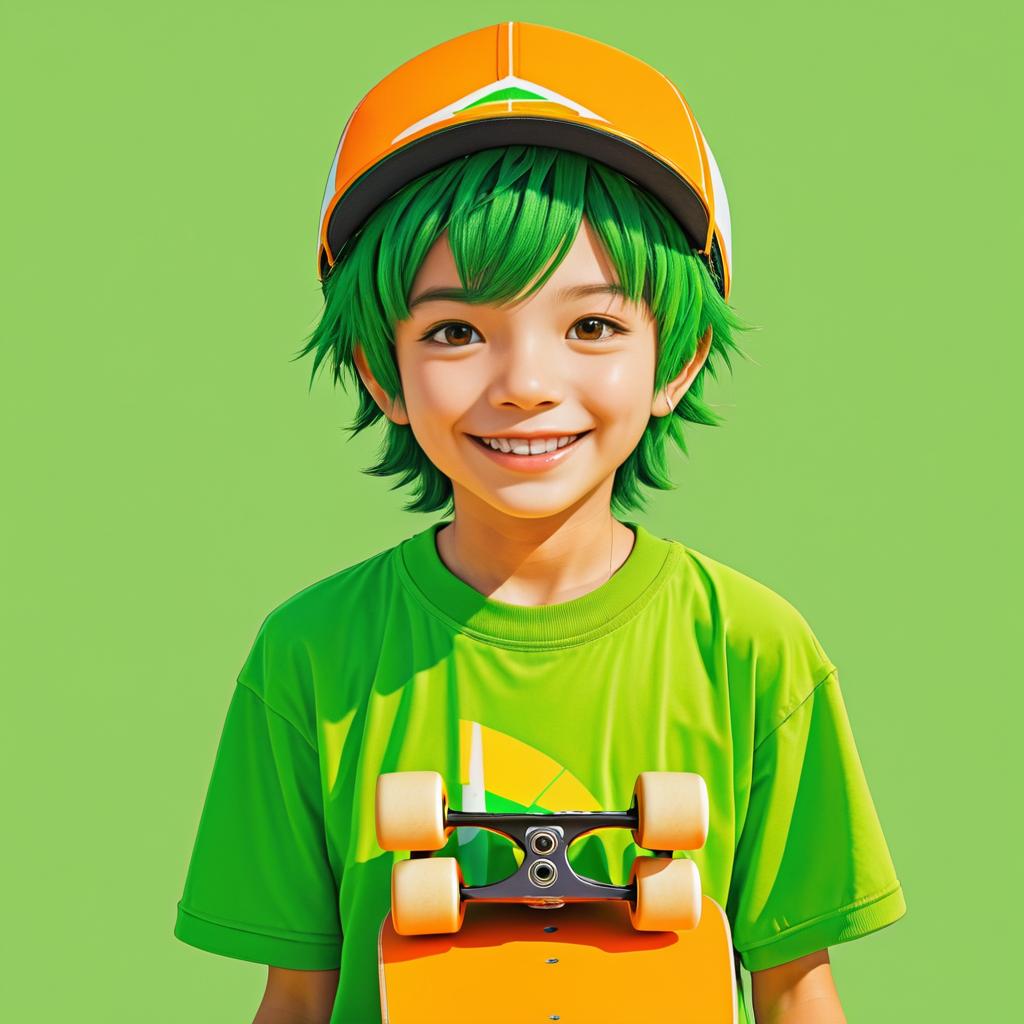 Vibrant Anime Portrait of Skateboarding Boy