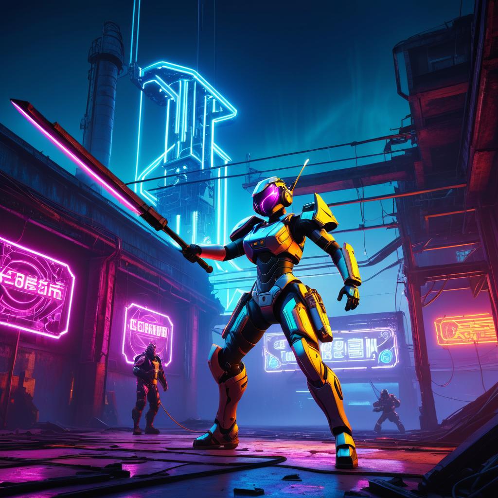 Cybernetic Warrior in Neon Urban Battle