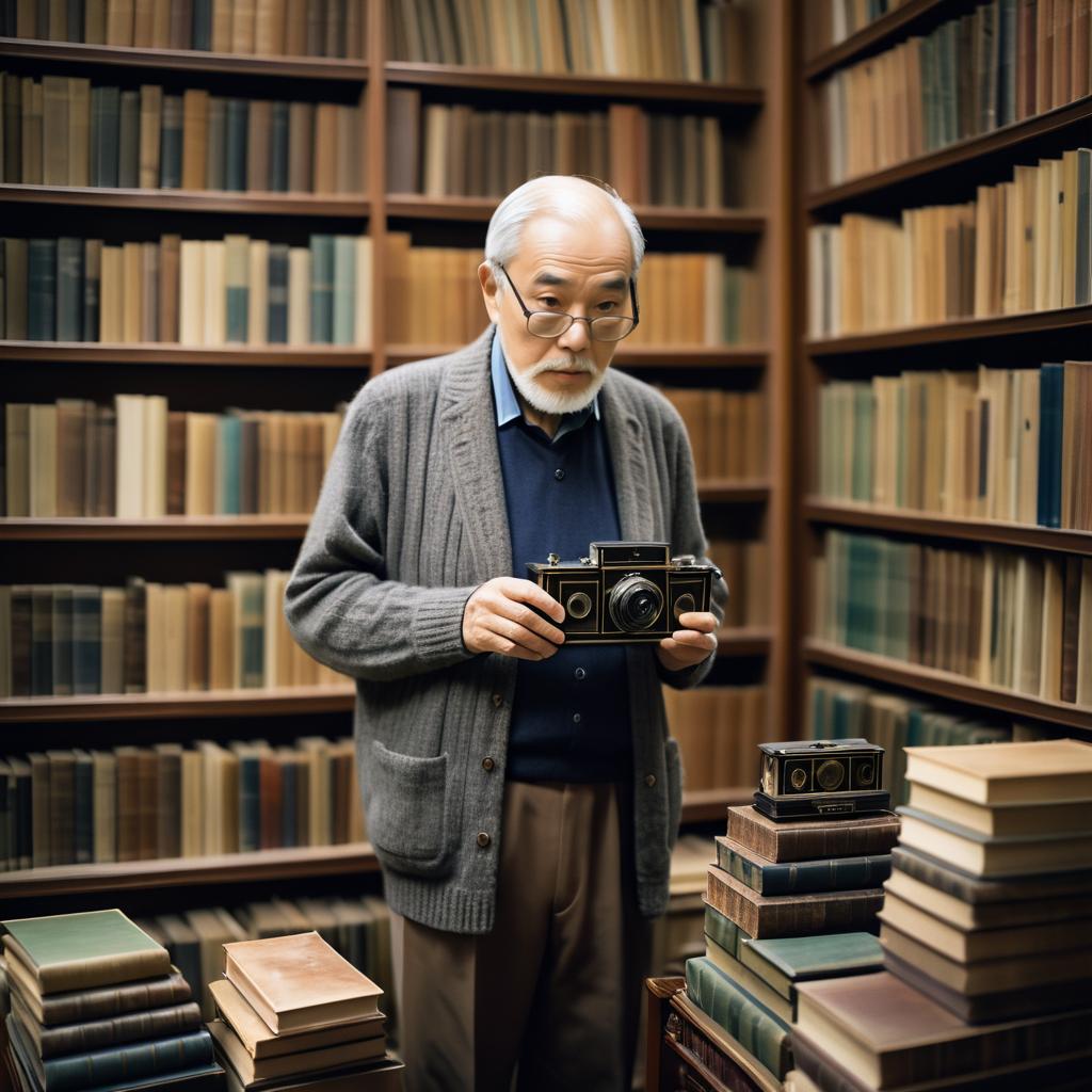 Elderly Man in Vintage Library Reflection