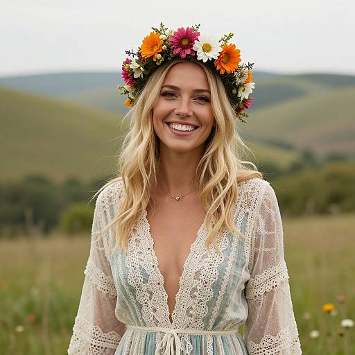 Blonde woman smiling, wearing a floral crown and lace dress, standing in a lush, green meadow with hills in the background. Photograph.