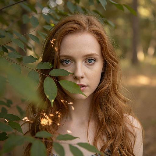 Photograph of a fair-skinned, red-haired woman with blue eyes, partially obscured by green leaves, standing in a sunlit forest.