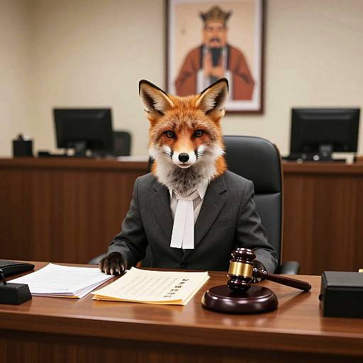 Photograph of a fox in a black suit sitting at a wooden desk with a gavel, papers, and computer monitors in the background. A framed