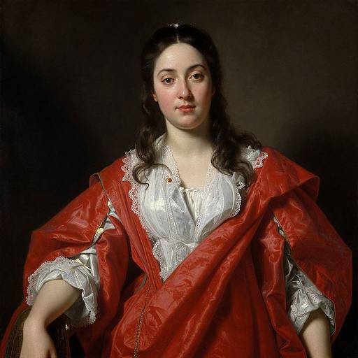18th-century portrait of a fair-skinned woman with dark hair, wearing a red satin robe over a white lace-trimmed dress, against a