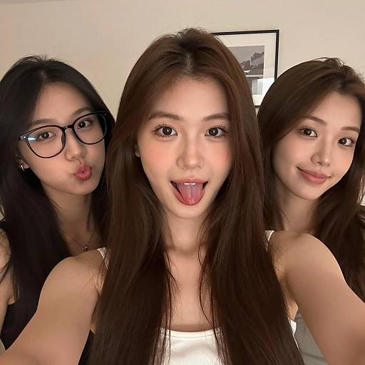 Three Young Women Taking Selfie Indoors