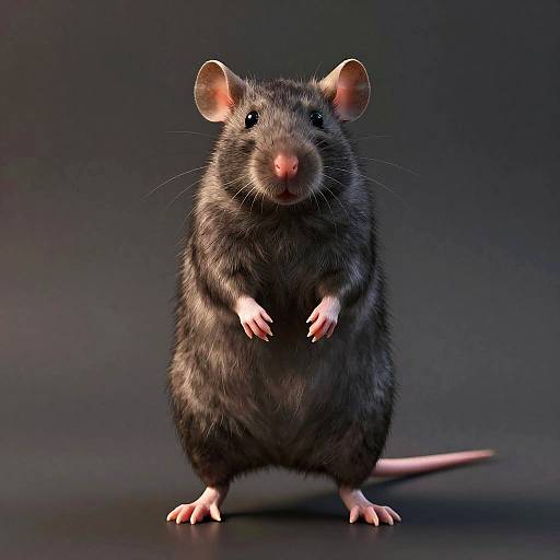 Photorealistic CGI image of a black rat with pink ears, nose, and paws, standing on hind legs against a dark background.