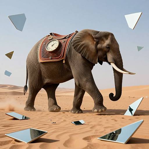Photograph of a gray elephant with a clock saddle in a desert, surrounded by floating, reflective geometric shapes against a clear blue sky.